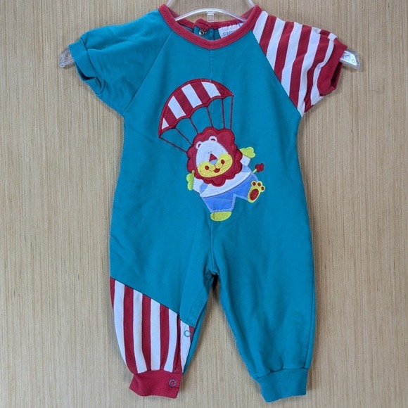 Small Steps Other - Small Steps Vintage 80s Retro Baby Romper Red Striped Parachute Lion‎ 12 Months